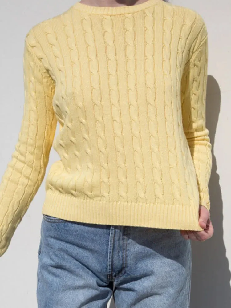 Girlary Vintage Cotton Cable Kint Sweater Women Autumn Harajuku Solid Round Neck Long Sleeve Tops Female Retro Cute Slim Sweaters Chic