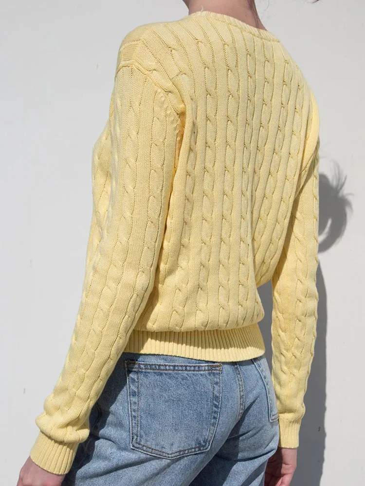 Girlary Vintage Cotton Cable Kint Sweater Women Autumn Harajuku Solid Round Neck Long Sleeve Tops Female Retro Cute Slim Sweaters Chic