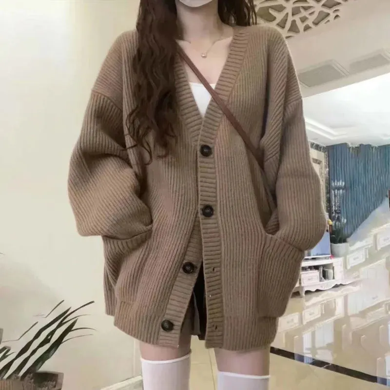 Hnewly Autumn Winter Women Cardigan Sweater Coats Fashion Female Long Sleeve V-neck Loose Knitted Jackets Casual Sweater Cardigans
