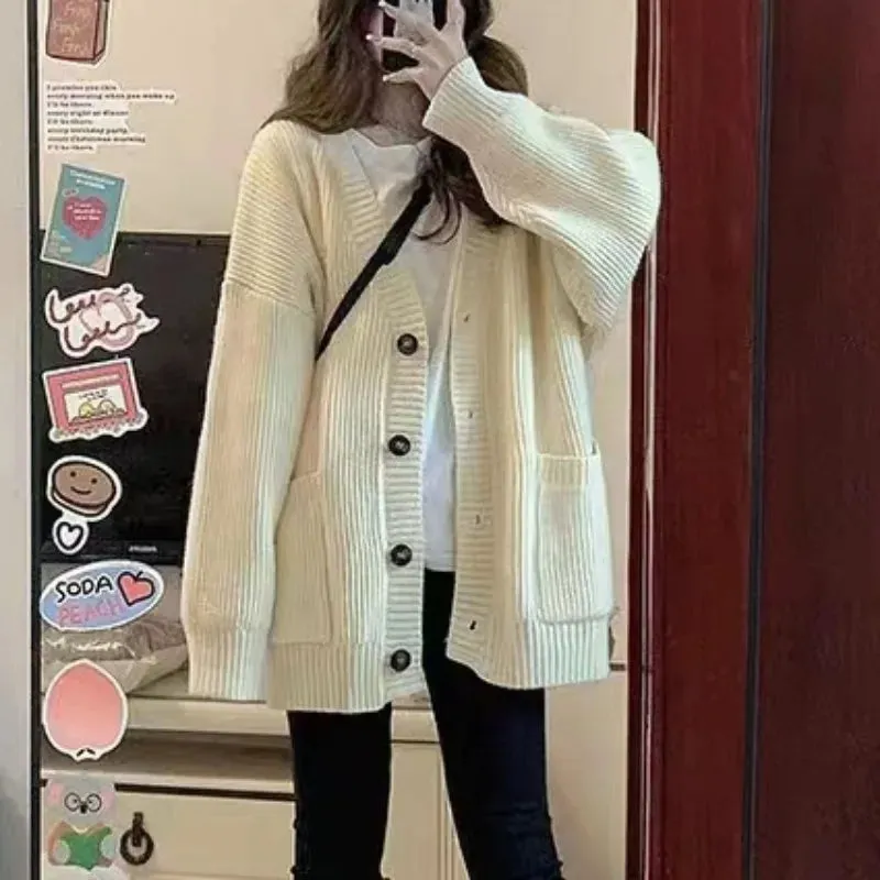 Hnewly Autumn Winter Women Cardigan Sweater Coats Fashion Female Long Sleeve V-neck Loose Knitted Jackets Casual Sweater Cardigans