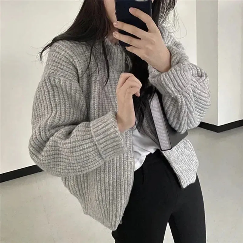 Hnewly Autumn Women's Knitted Jacket New Korean Chic Casual Sweater Coat Solid Color Zipper Thick O Neck Cardigans Women