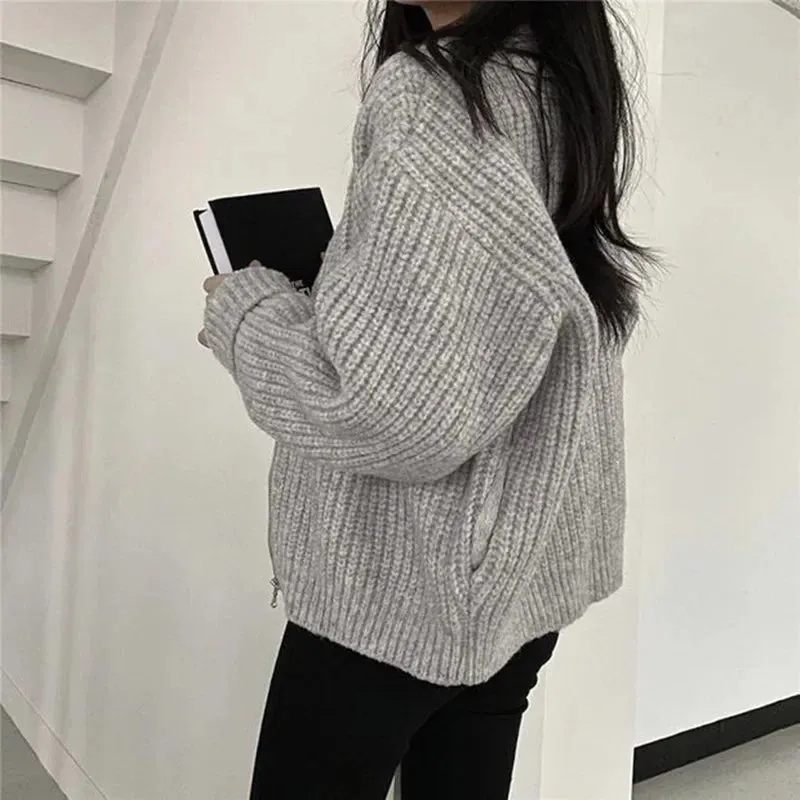 Hnewly Autumn Women's Knitted Jacket New Korean Chic Casual Sweater Coat Solid Color Zipper Thick O Neck Cardigans Women