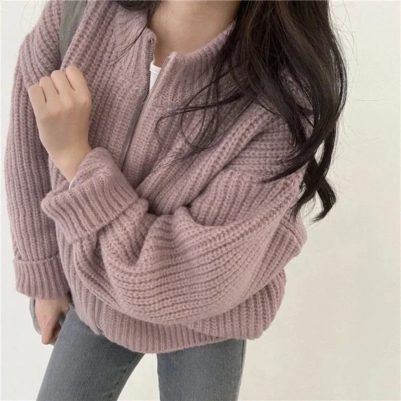 Hnewly Autumn Women's Knitted Jacket New Korean Chic Casual Sweater Coat Solid Color Zipper Thick O Neck Cardigans Women