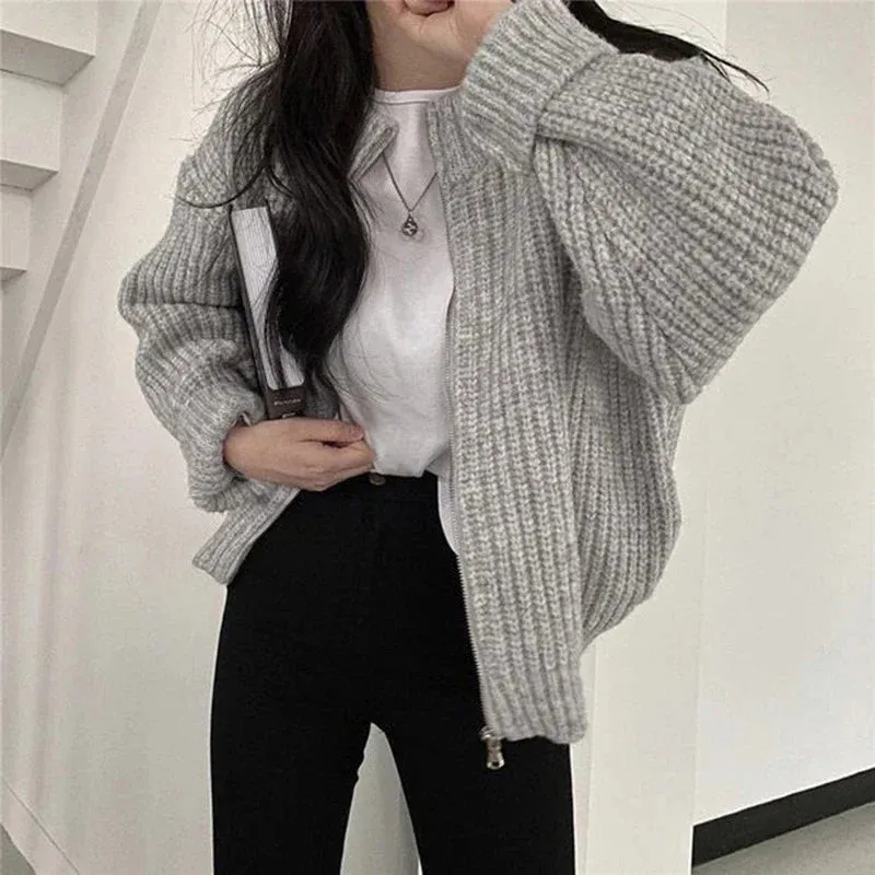 Hnewly Autumn Women's Knitted Jacket New Korean Chic Casual Sweater Coat Solid Color Zipper Thick O Neck Cardigans Women