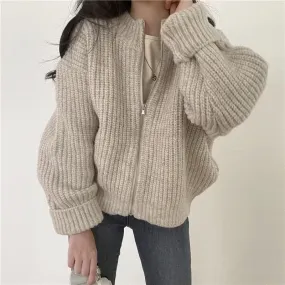 Hnewly Autumn Women's Knitted Jacket New Korean Chic Casual Sweater Coat Solid Color Zipper Thick O Neck Cardigans Women