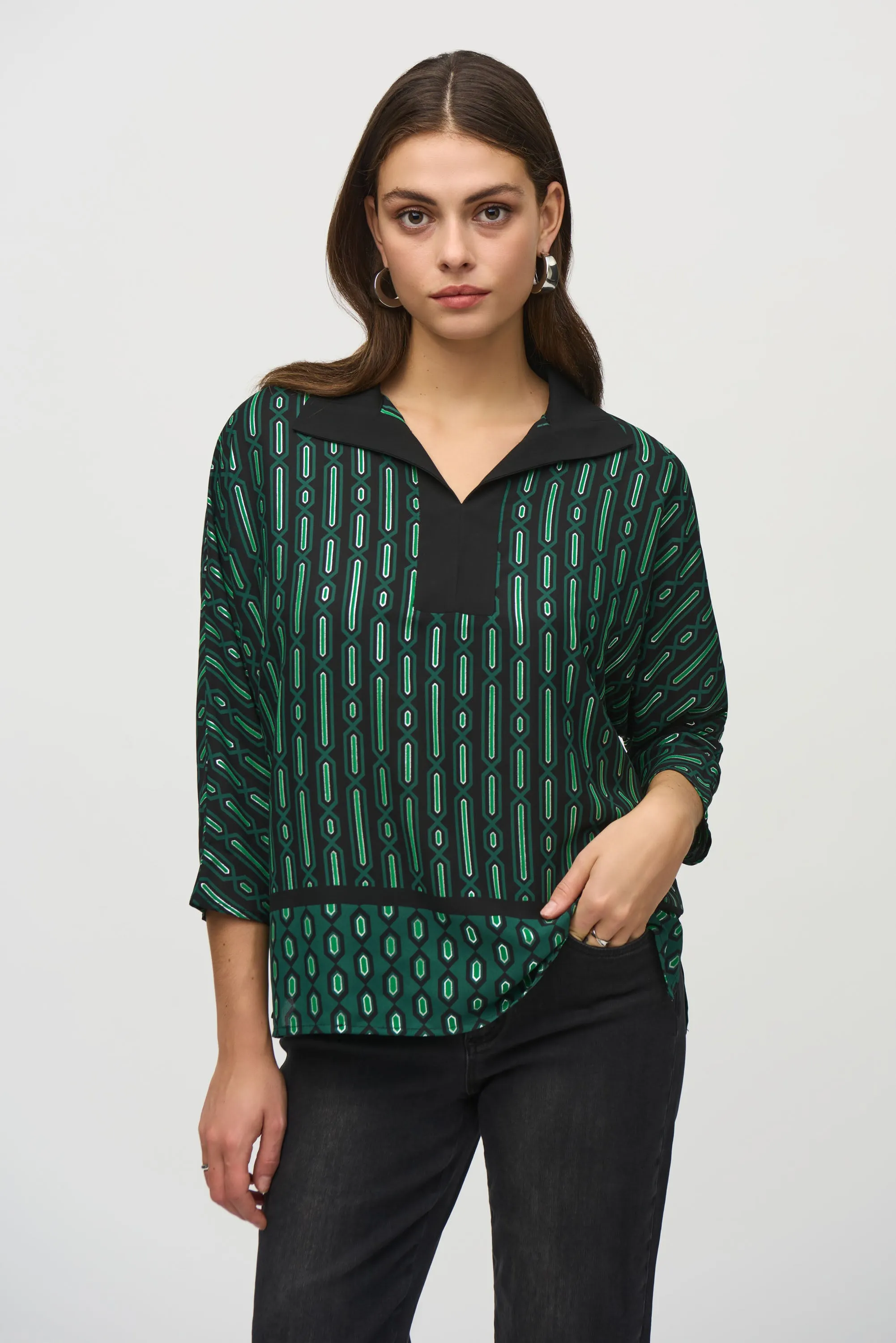 Joseph Ribkoff Women's Georgette Geometric Border Print Top