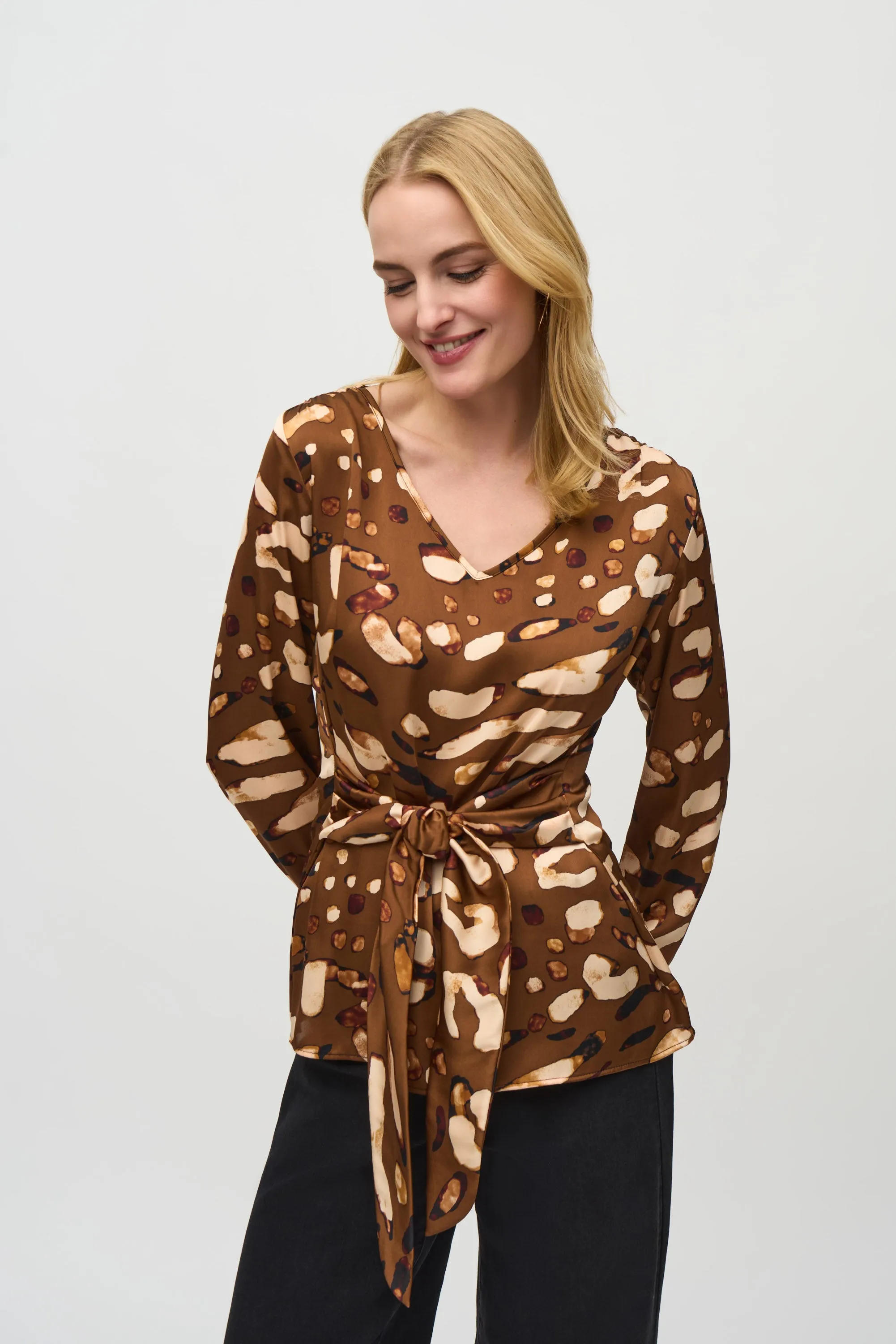 Joseph Ribkoff Women's Satin Animal Print Belted Top