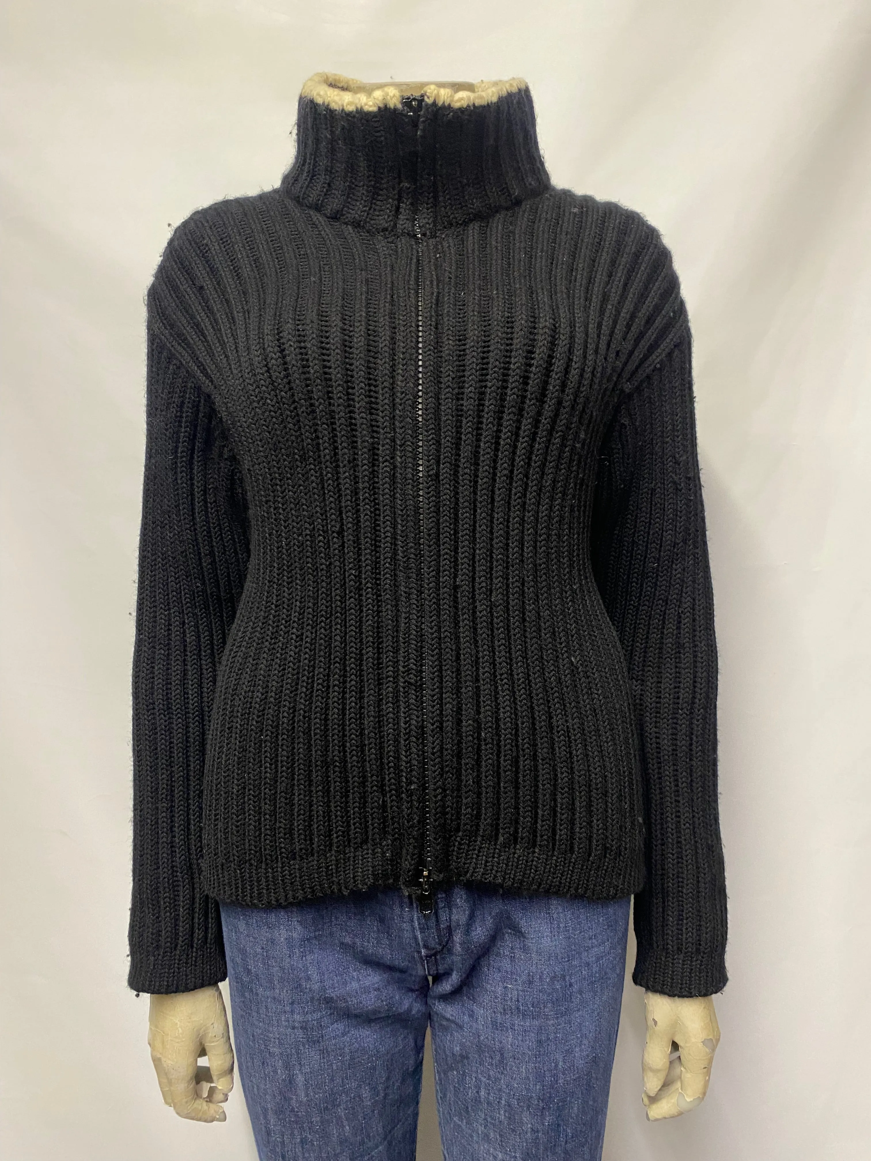 Joseph Tricot Black and White Thick Ribbed Zip Up Wool Cardigan Medium