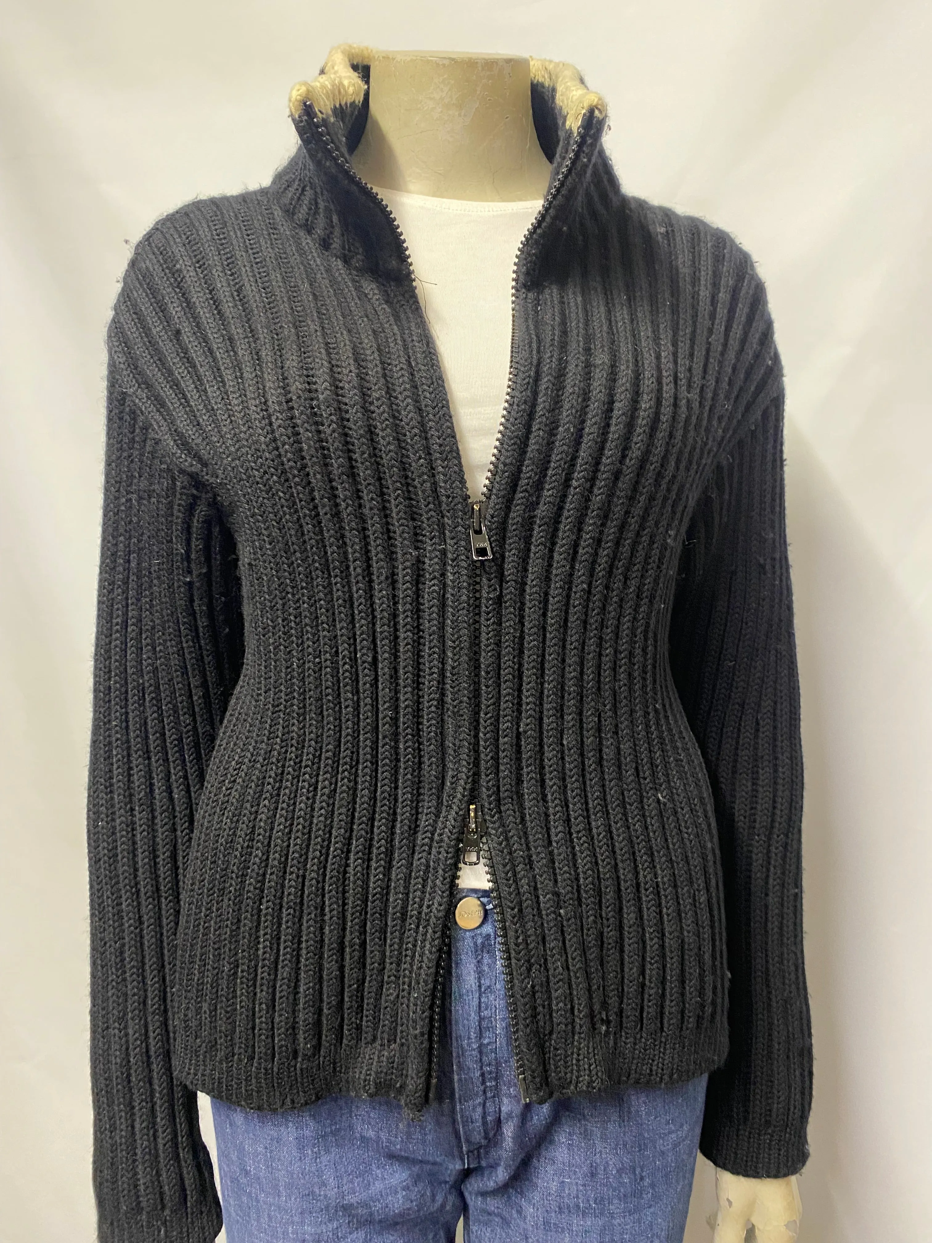 Joseph Tricot Black and White Thick Ribbed Zip Up Wool Cardigan Medium