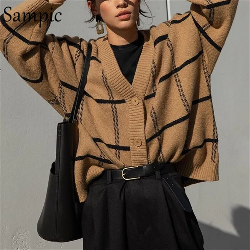 Joskaa Christmas Gift 2024 Plaid Brown Cardigans Women Vintage Y2K Fashion Loose Oversized Coat Pull Knitted Casual Sweater Female Tops Winter