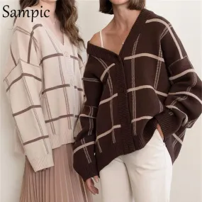 Joskaa Christmas Gift 2024 Plaid Brown Cardigans Women Vintage Y2K Fashion Loose Oversized Coat Pull Knitted Casual Sweater Female Tops Winter