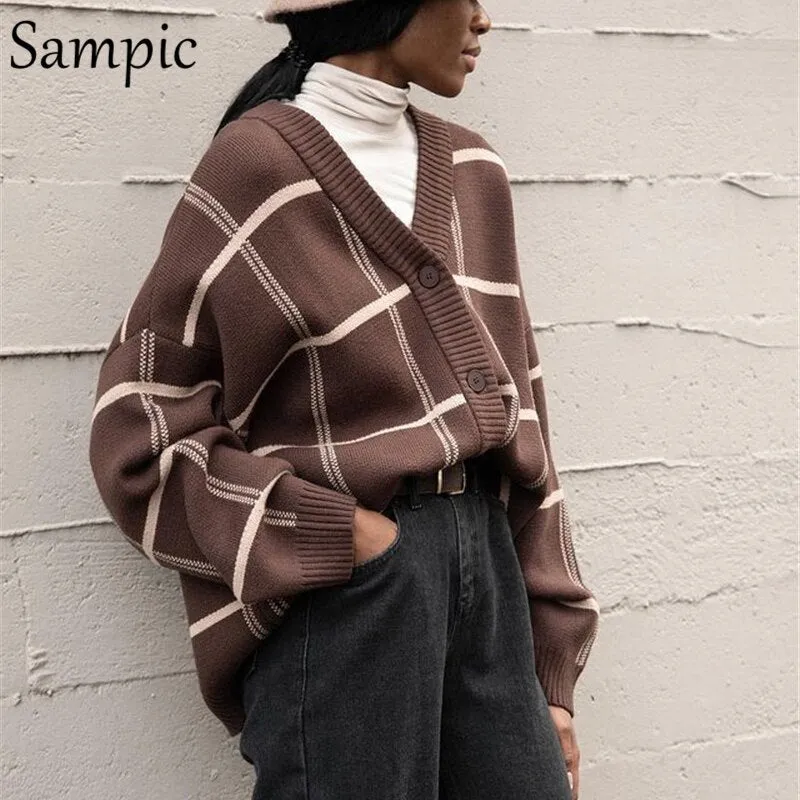 Joskaa Christmas Gift 2024 Plaid Brown Cardigans Women Vintage Y2K Fashion Loose Oversized Coat Pull Knitted Casual Sweater Female Tops Winter