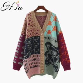 Joskaa Christmas Gift H.SA 2024 Women Oversized Sweater Cardigans Vintage Letters Printed Patchwork Knit Jackets Thick Fleeced Long Sweater Coat Women
