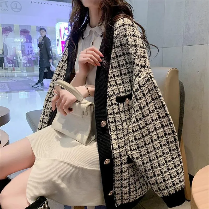 Joskaa Christmas Gift H.SA Women Sweater Jacket 2024 Oversized Knitted Cardigans Loose Plaid Jumpers Korean Clothing Robe Long Elegnat Female Coat