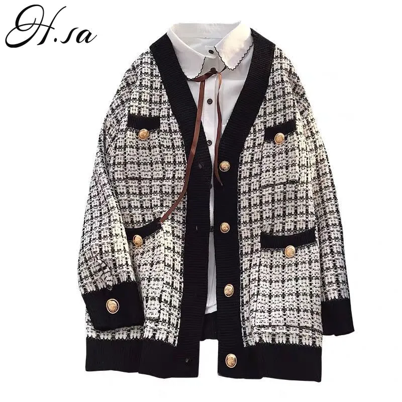 Joskaa Christmas Gift H.SA Women Sweater Jacket 2024 Oversized Knitted Cardigans Loose Plaid Jumpers Korean Clothing Robe Long Elegnat Female Coat