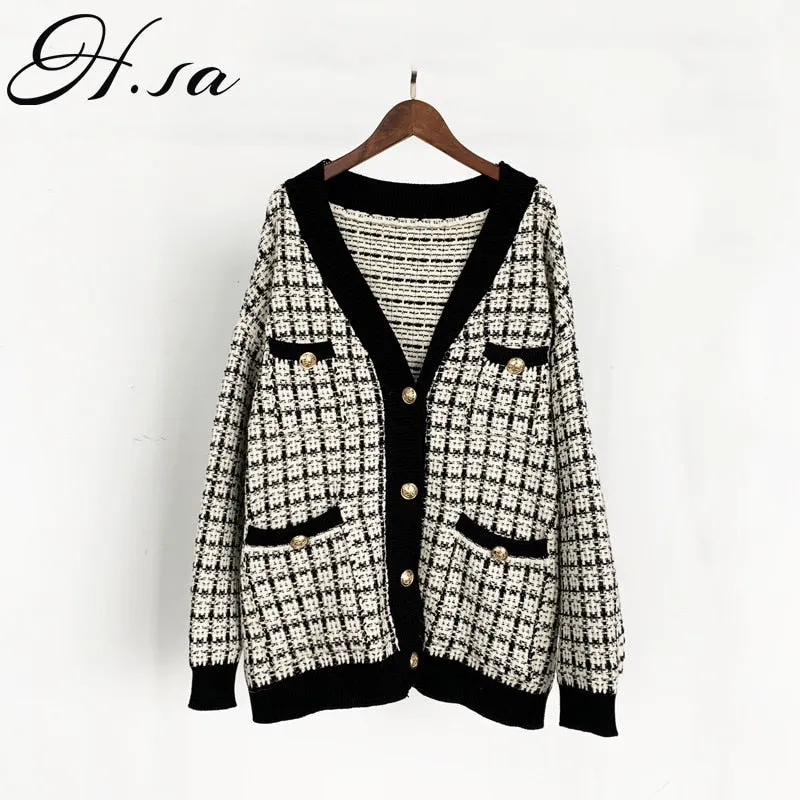 Joskaa Christmas Gift H.SA Women Sweater Jacket 2024 Oversized Knitted Cardigans Loose Plaid Jumpers Korean Clothing Robe Long Elegnat Female Coat