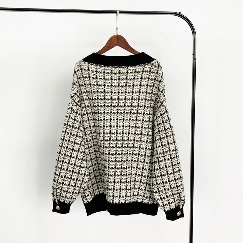 Joskaa Christmas Gift H.SA Women Sweater Jacket 2024 Oversized Knitted Cardigans Loose Plaid Jumpers Korean Clothing Robe Long Elegnat Female Coat