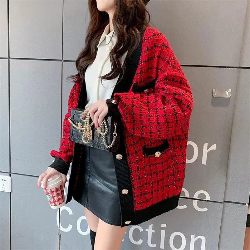 Joskaa Christmas Gift H.SA Women Sweater Jacket 2024 Oversized Knitted Cardigans Loose Plaid Jumpers Korean Clothing Robe Long Elegnat Female Coat