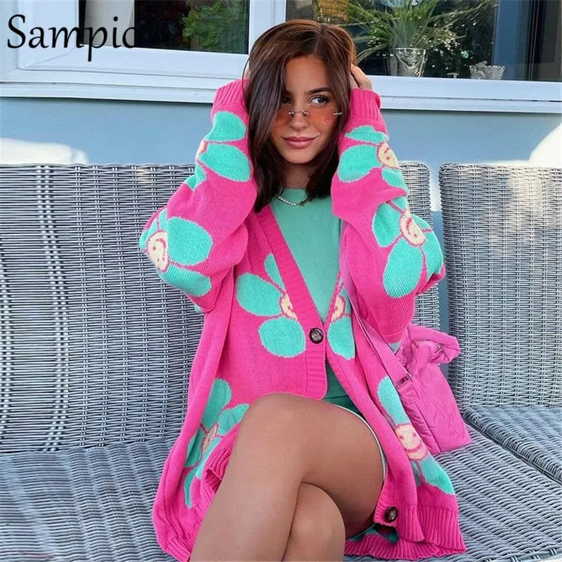 Joskaa Christmas Gift Sampic Loose Oversized Cardigans Women Winter Knitted Casual Y2K Sweater Long Sleeve Floral Cardigans 2024 Korean Fashion Style