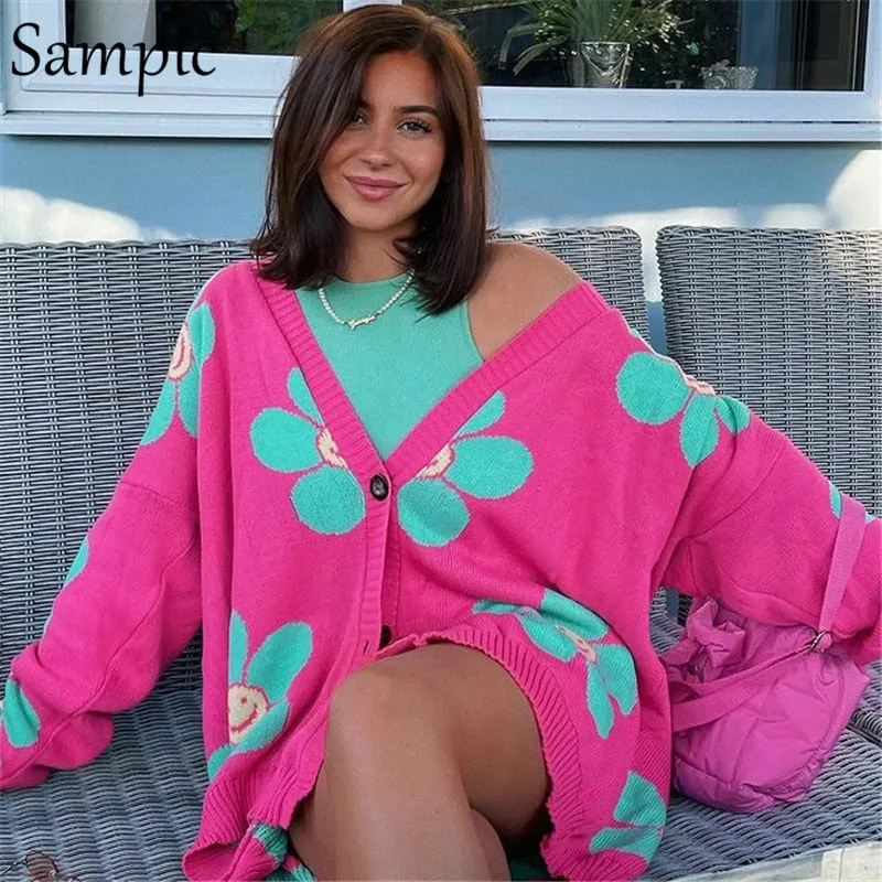 Joskaa Christmas Gift Sampic Loose Oversized Cardigans Women Winter Knitted Casual Y2K Sweater Long Sleeve Floral Cardigans 2024 Korean Fashion Style