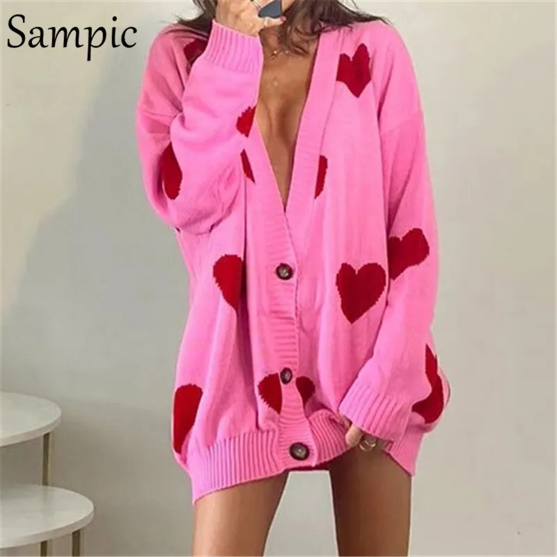 Joskaa Christmas Gift Sampic Loose Oversized Cardigans Women Winter Knitted Casual Y2K Sweater Long Sleeve Floral Cardigans 2024 Korean Fashion Style