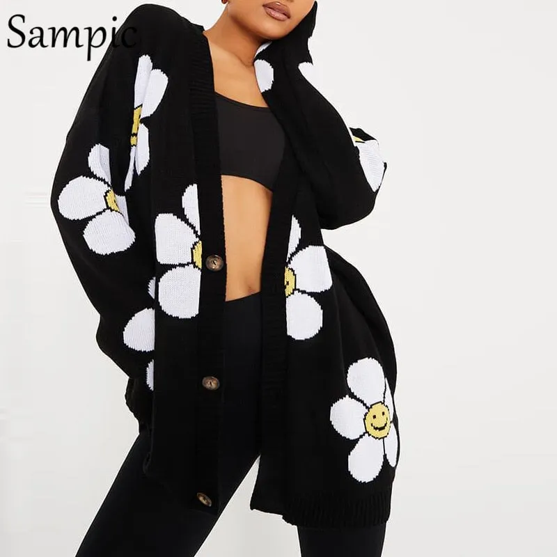 Joskaa Christmas Gift Sampic Loose Oversized Cardigans Women Winter Knitted Casual Y2K Sweater Long Sleeve Floral Cardigans 2024 Korean Fashion Style