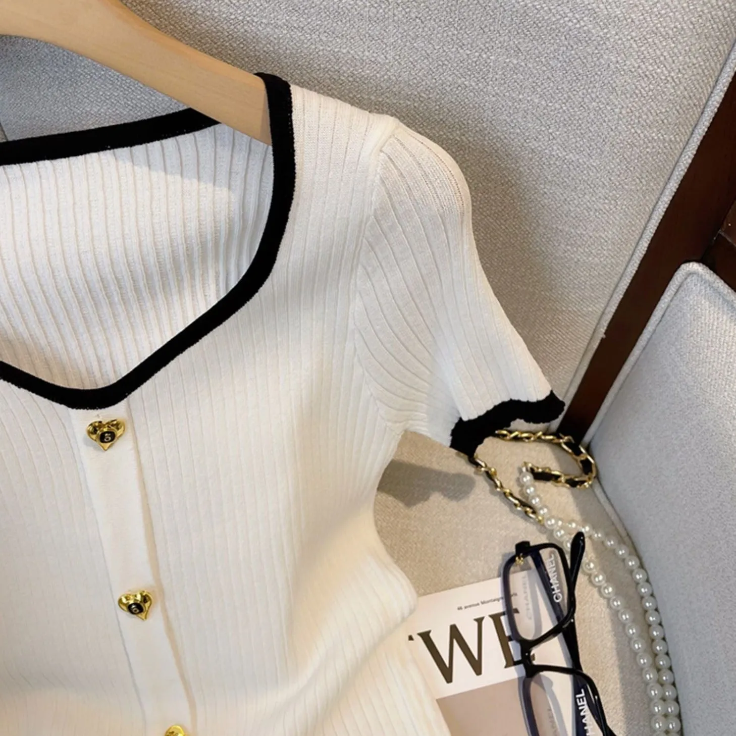 Metal Button Heart Neckline Cardigan