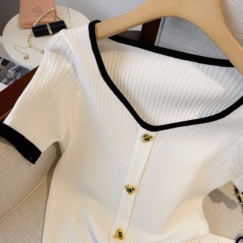 Metal Button Heart Neckline Cardigan
