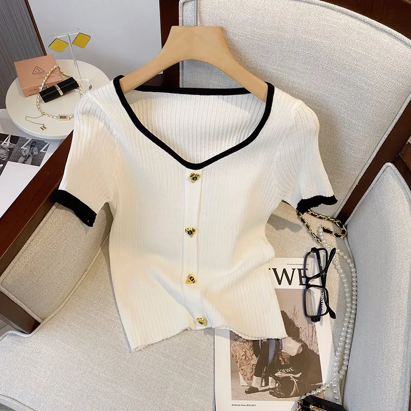 Metal Button Heart Neckline Cardigan