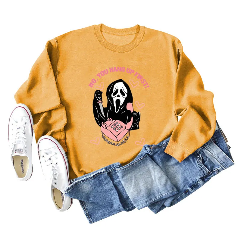 NO YOU HANG UP FIRST Heart Letter Print Women's Sweatshirt Round Neck Long Sleeve