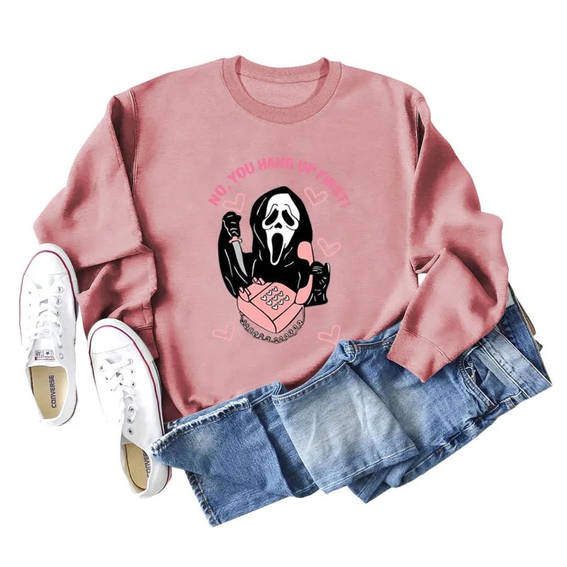 NO YOU HANG UP FIRST Heart Letter Print Women's Sweatshirt Round Neck Long Sleeve