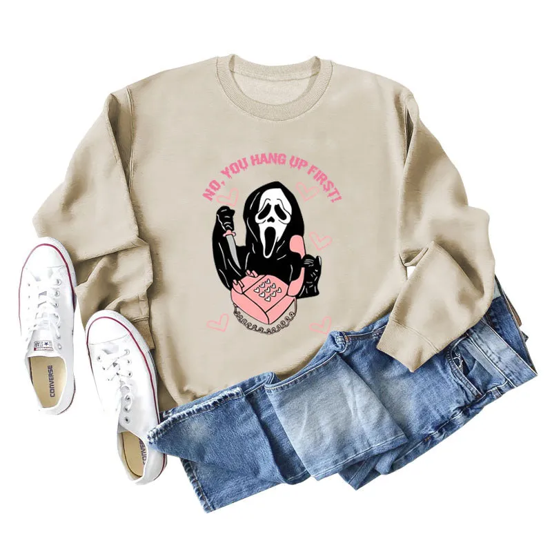NO YOU HANG UP FIRST Heart Letter Print Women's Sweatshirt Round Neck Long Sleeve