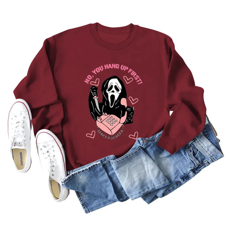 NO YOU HANG UP FIRST Heart Letter Print Women's Sweatshirt Round Neck Long Sleeve