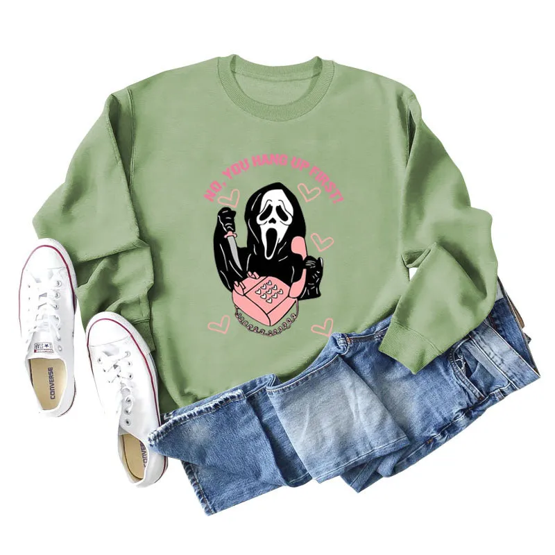NO YOU HANG UP FIRST Heart Letter Print Women's Sweatshirt Round Neck Long Sleeve