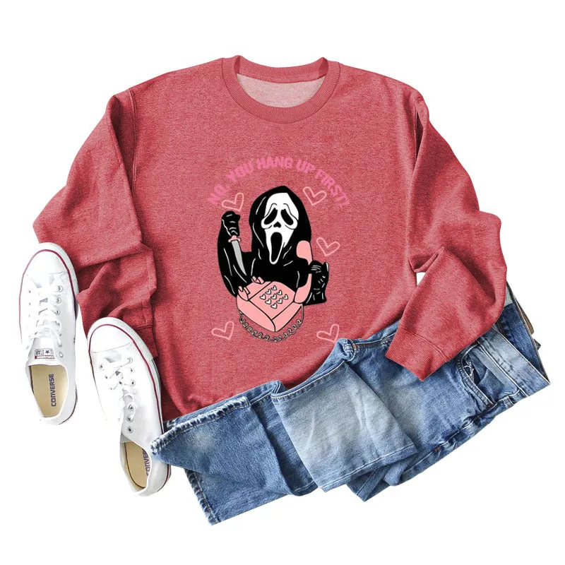 NO YOU HANG UP FIRST Heart Letter Print Women's Sweatshirt Round Neck Long Sleeve
