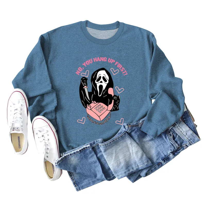 NO YOU HANG UP FIRST Heart Letter Print Women's Sweatshirt Round Neck Long Sleeve