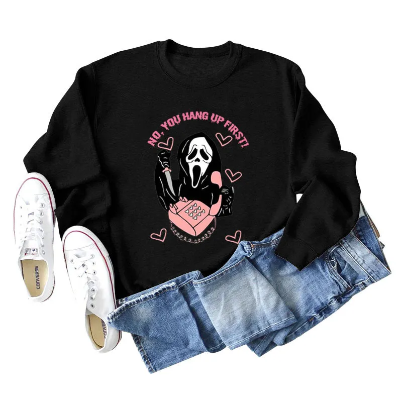 NO YOU HANG UP FIRST Heart Letter Print Women's Sweatshirt Round Neck Long Sleeve