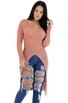 Pink Choker Distress Hi-lo Sweater Top