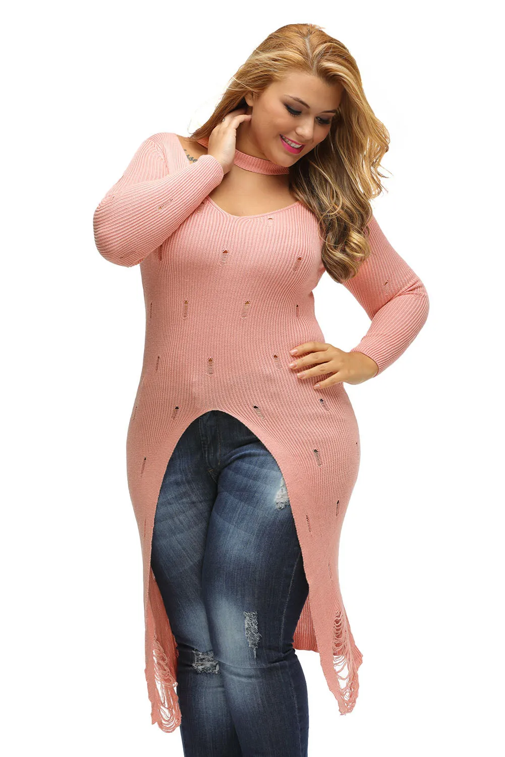Pink Choker Distress Hi-lo Sweater Top