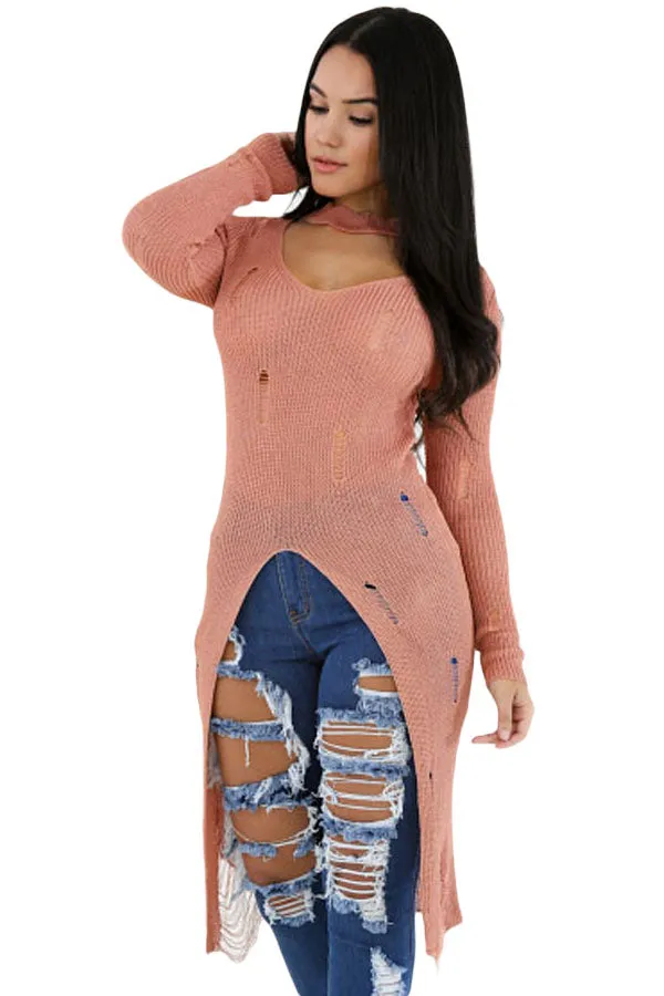 Pink Choker Distress Hi-lo Sweater Top