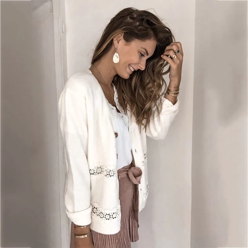 Plus Size Lace Hollow Botton Up Knit Cardigan