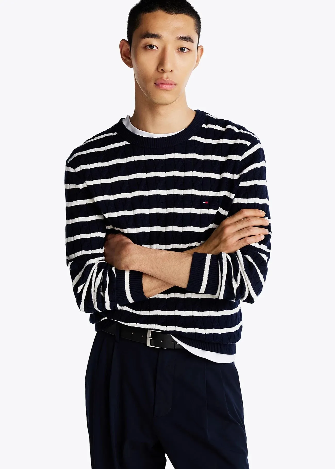 Pull torsadé marinière Tommy Hilfiger marine