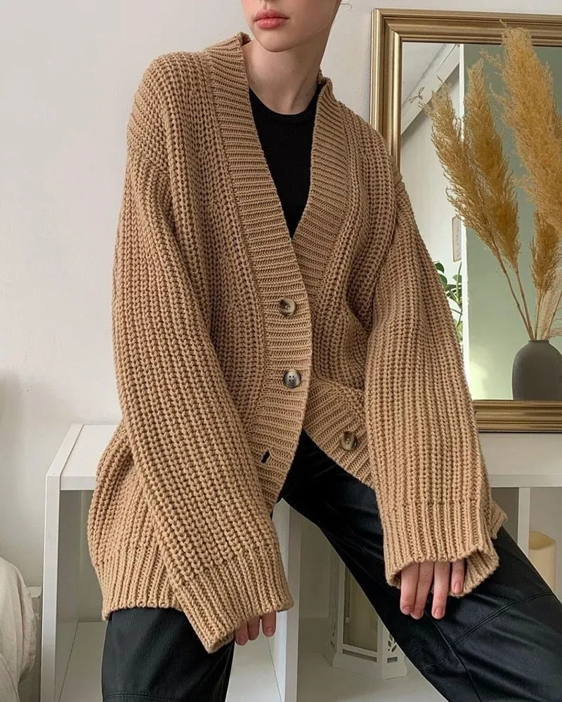 Purpdrank - Autumn Winter V-Neck Loose Cardigans Women Single Breasted Casual Oversized Sweater Female Long Sleeve Knitted Jumpers