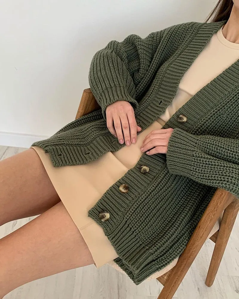 Purpdrank - Autumn Winter V-Neck Loose Cardigans Women Single Breasted Casual Oversized Sweater Female Long Sleeve Knitted Jumpers