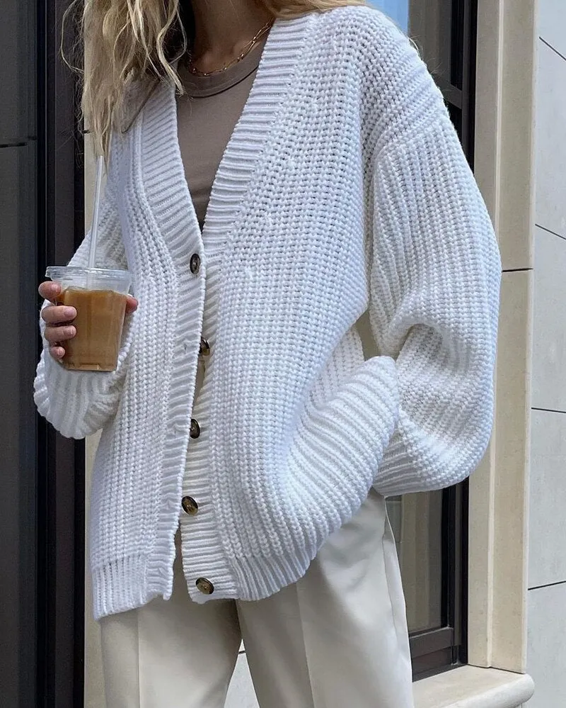 Purpdrank - Autumn Winter V-Neck Loose Cardigans Women Single Breasted Casual Oversized Sweater Female Long Sleeve Knitted Jumpers