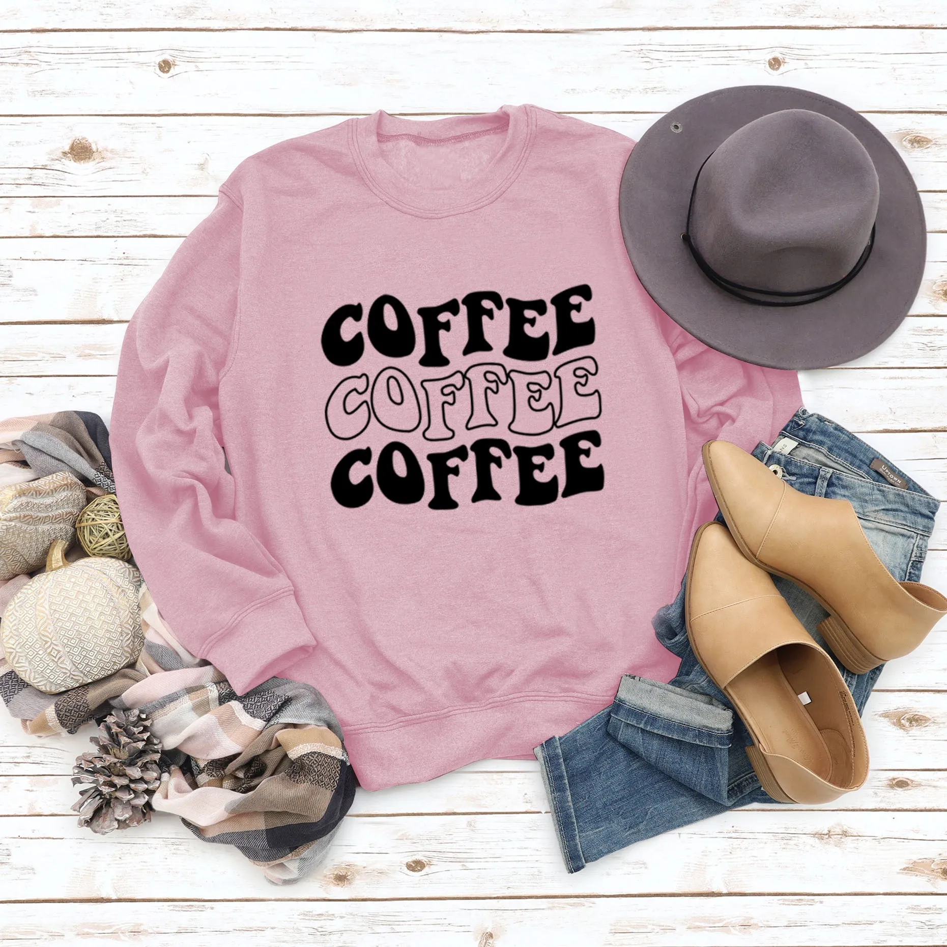Round Neck Letter COFFEE Tops Women Long-sleeved Printed Loose Sweatshirt