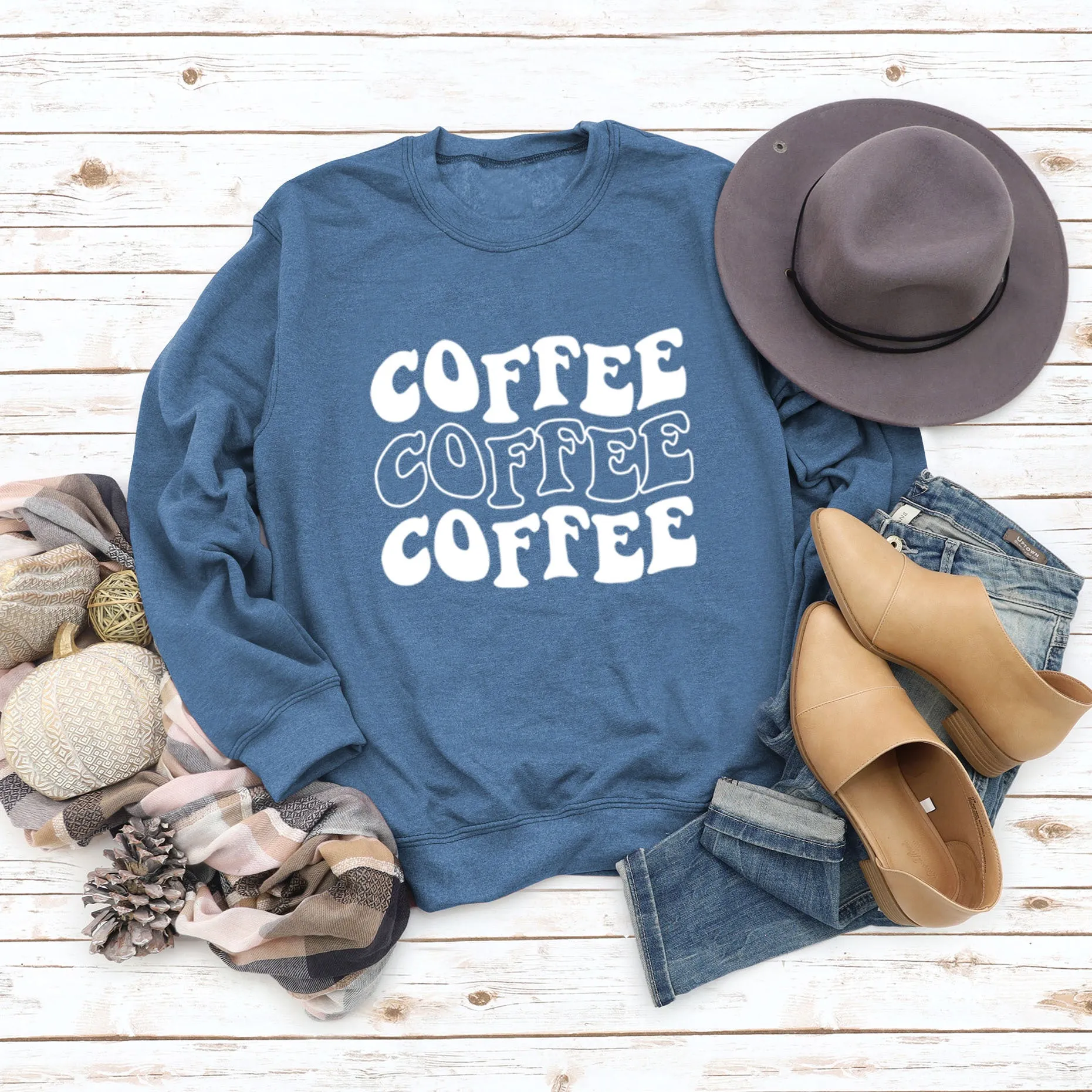 Round Neck Letter COFFEE Tops Women Long-sleeved Printed Loose Sweatshirt