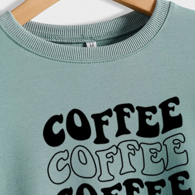 Round Neck Letter COFFEE Tops Women Long-sleeved Printed Loose Sweatshirt