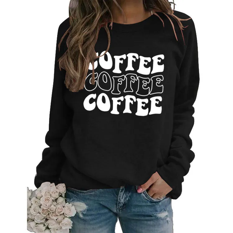 Round Neck Letter COFFEE Tops Women Long-sleeved Printed Loose Sweatshirt