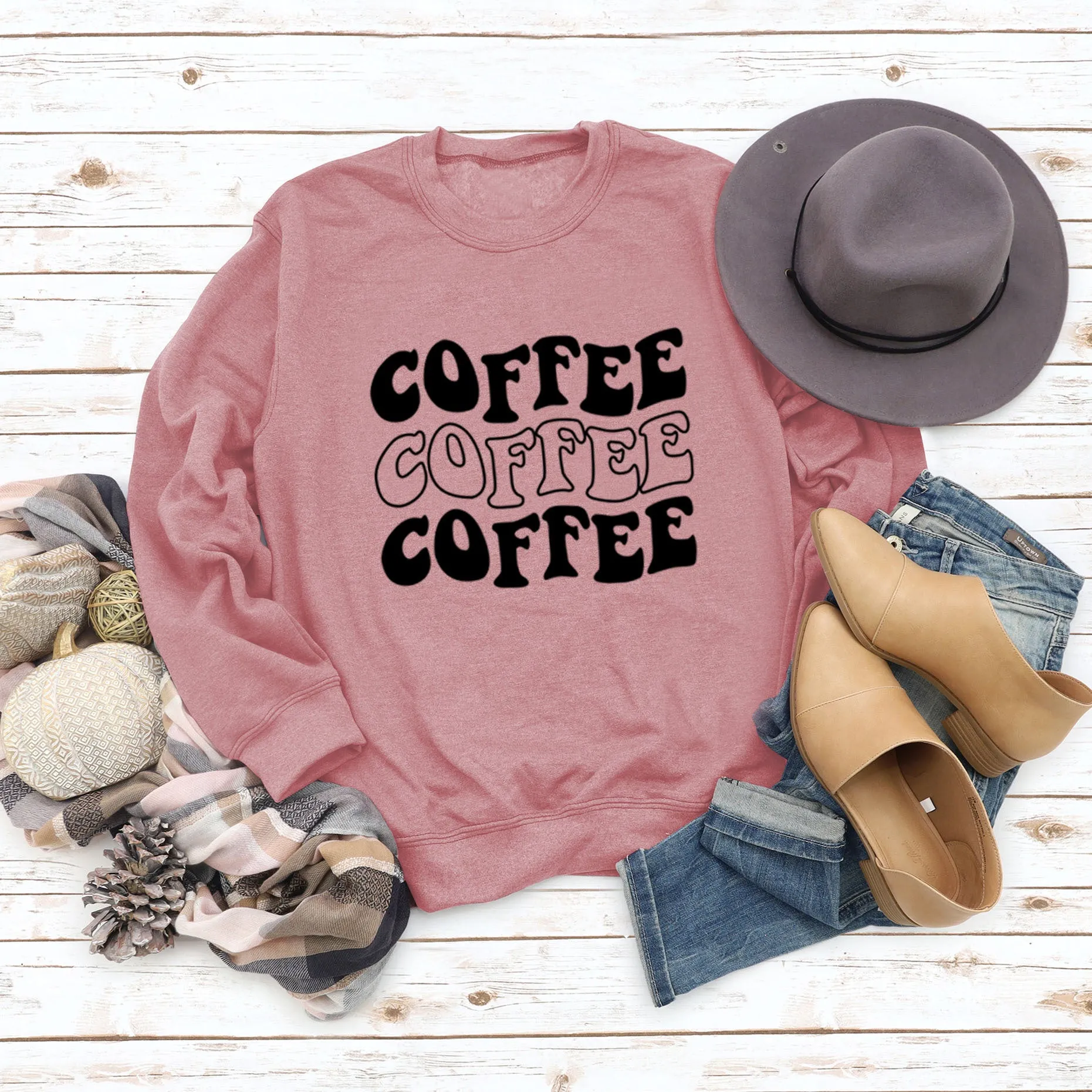 Round Neck Letter COFFEE Tops Women Long-sleeved Printed Loose Sweatshirt